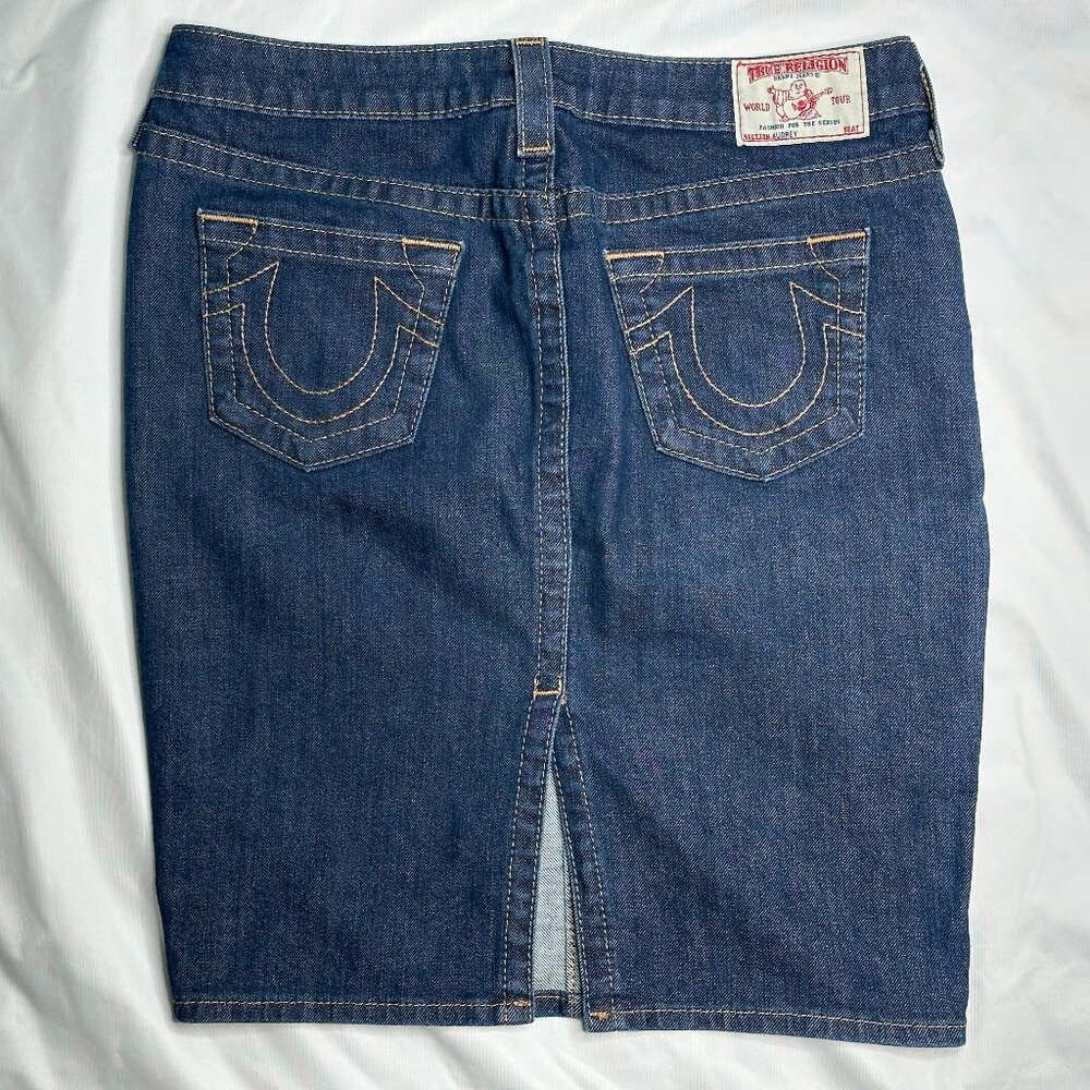 True Religion Denim Skirt Women 28 Blue Back Slit Y2K Made in USA
